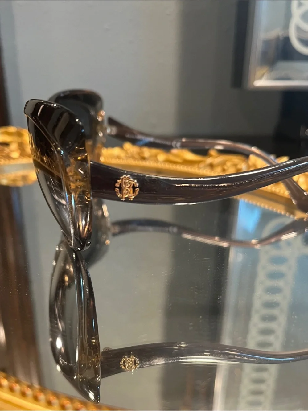 Vintage Roberto Cavalli Sunglasses Gray Cat-Eye with Gold Logo and crystals